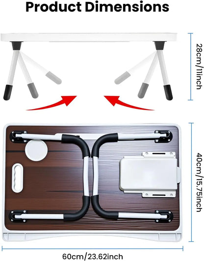 Laptop Bed Table with Foldable Legs & Cup Holder - Portable Lap Desk for Eating, Working, Writing on Bed, Sofa or Floor,