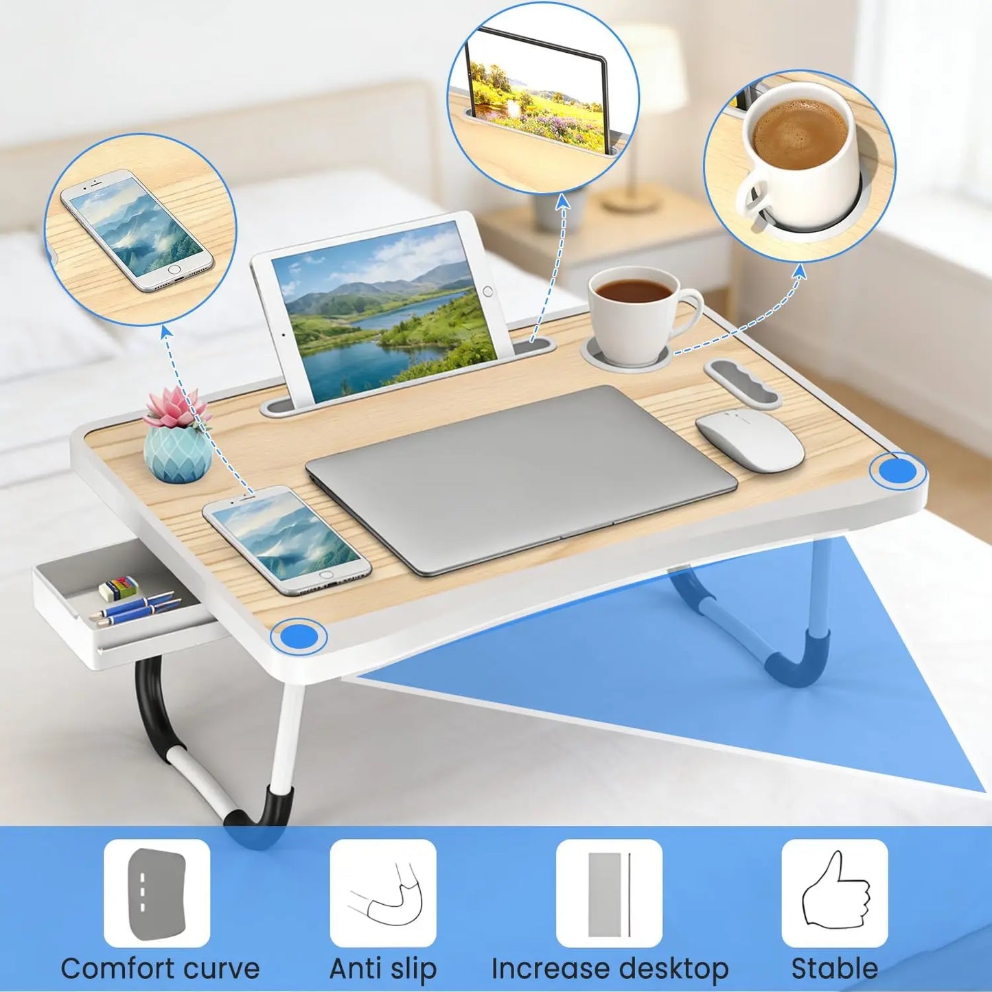 Laptop Bed Table with Foldable Legs & Cup Holder - Portable Lap Desk for Eating, Working, Writing on Bed, Sofa or Floor,