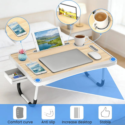 Laptop Bed Table with Foldable Legs & Cup Holder - Portable Lap Desk for Eating, Working, Writing on Bed, Sofa or Floor,