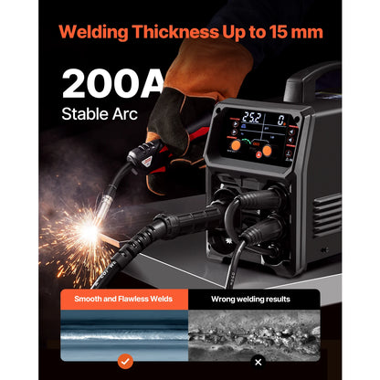 5-in-1 200Amp Plus Mig Welding Machine Gas,Flux Core MIG/Stick/Lift TIG/AU TIG with LCD Screen Display