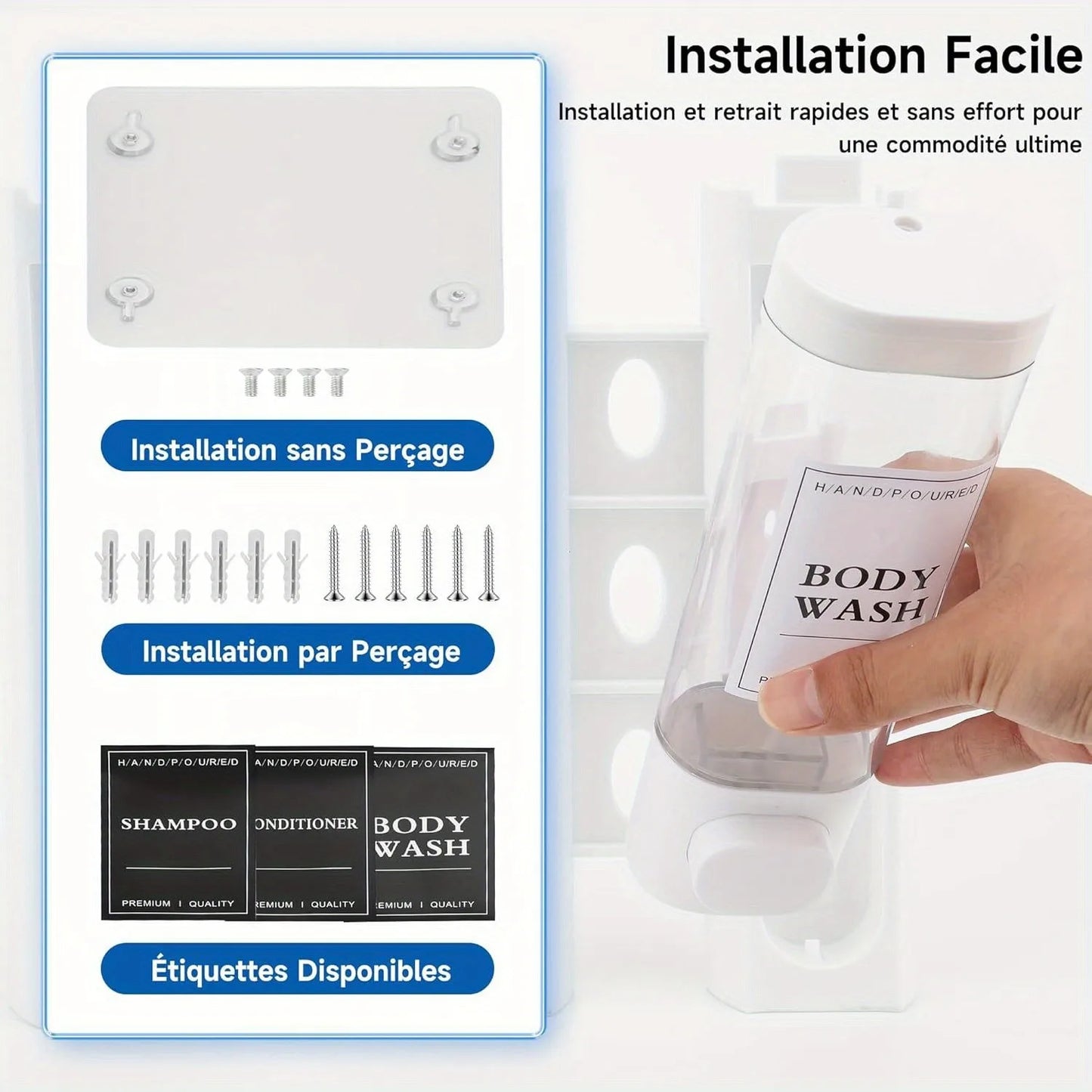 Wall-mounted, 3-in-1 Shampoo and Conditioner Dispenser,
